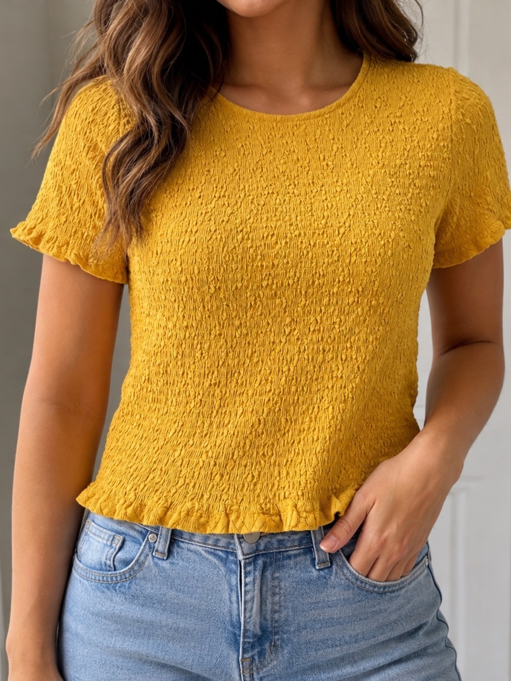 Michael Kors Mustard Yellow Smocked Short Sleeve Top
